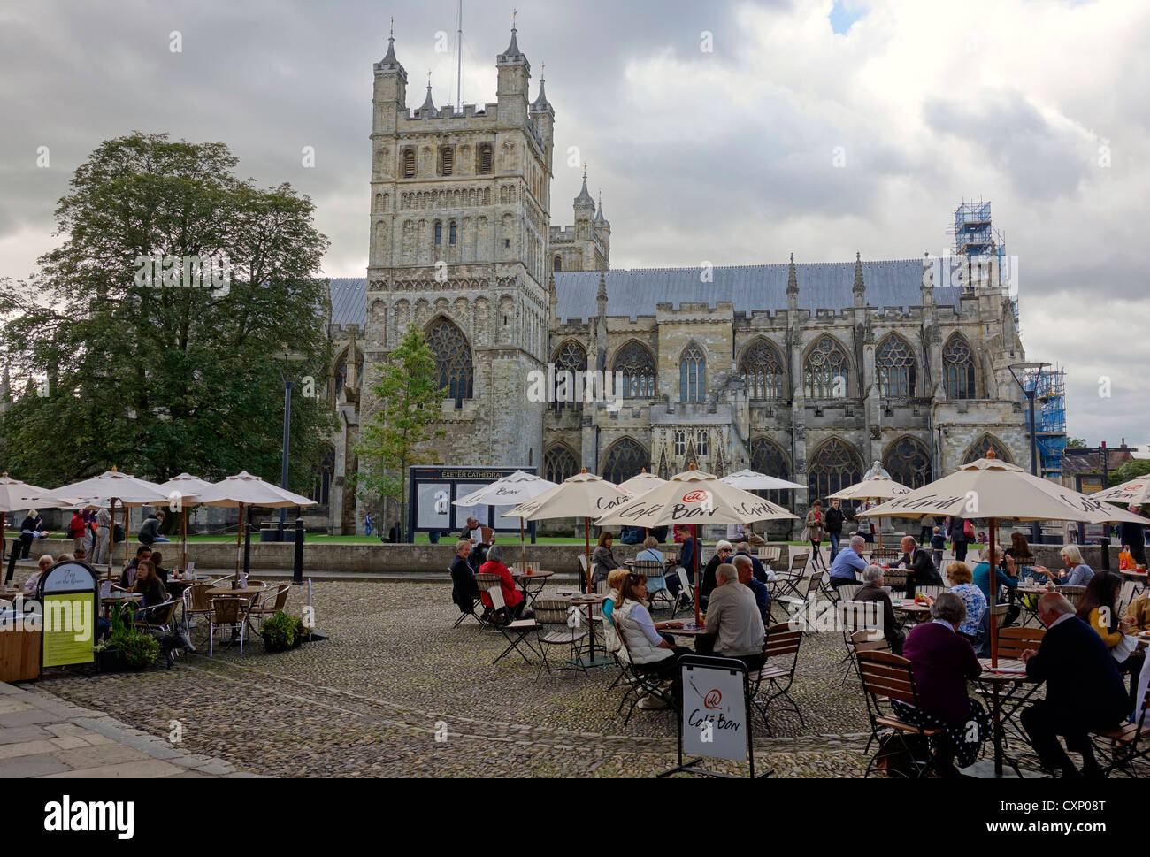 Cathedral yard alfresco dining in front of Exeter Cathedral, Devon UK. Stock Photo