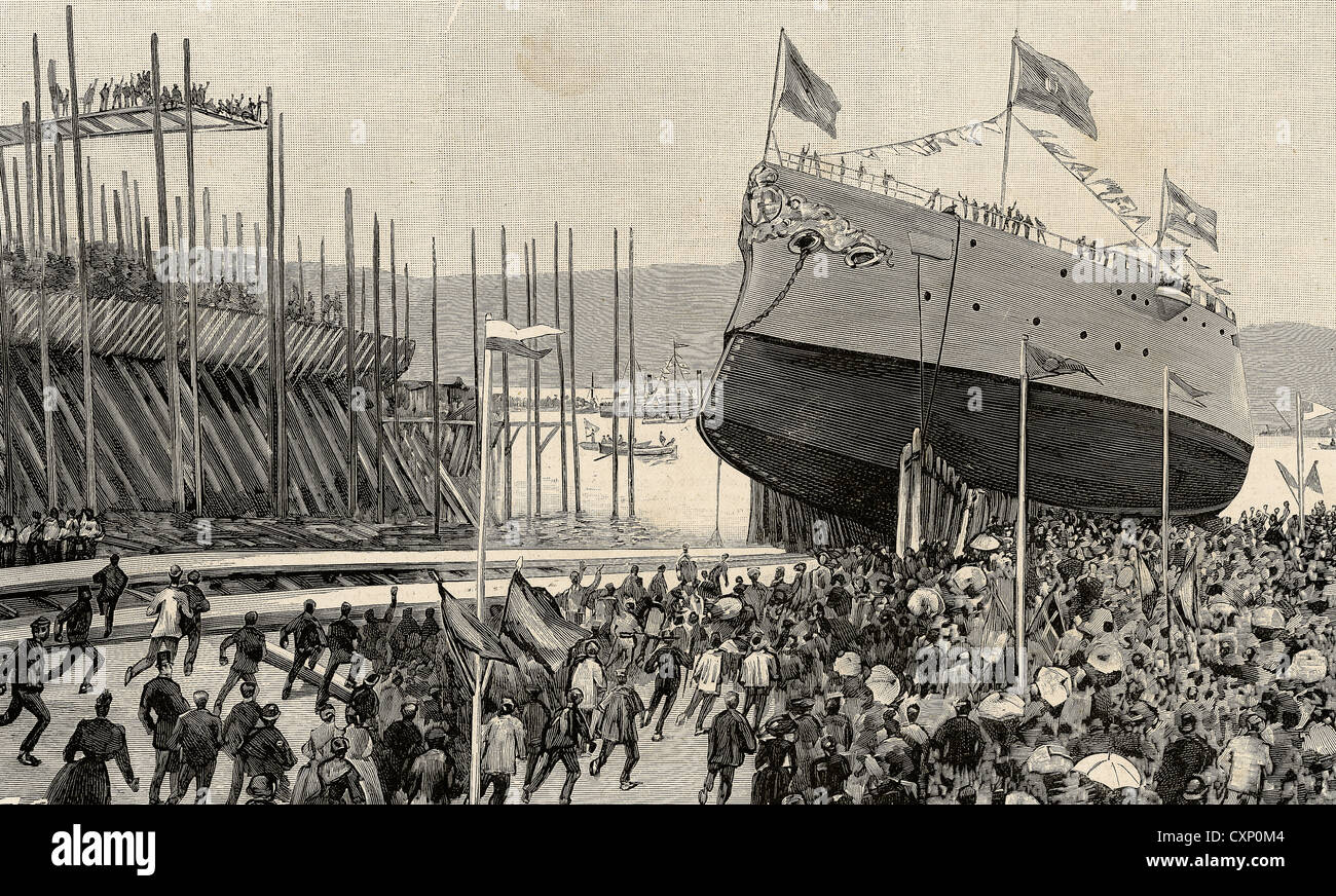 Spain. Bilbao. Launch of the cruiser Infanta Maria Teresa. Engraving at 'The Spanish and American Illustration', 1890. Stock Photo