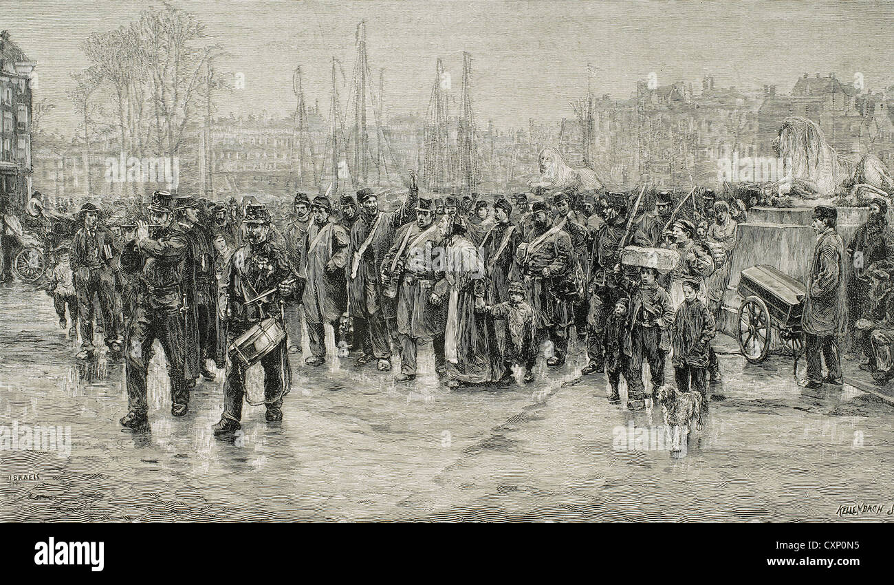 Colonialism. 19th century. Holland. Rotterdam. Troops destined for the Dutch colonies in India. Engraving. Stock Photo