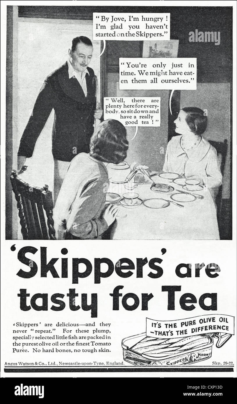 Original 1930s vintage print advertisement from English consumer magazine advertising Skippers tinned sardines Stock Photo