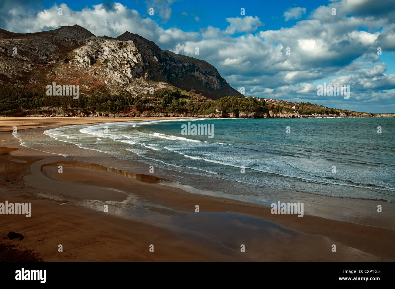 Aerial view of the beach of the Cantabrian town of Oriñon, Cantabria ...