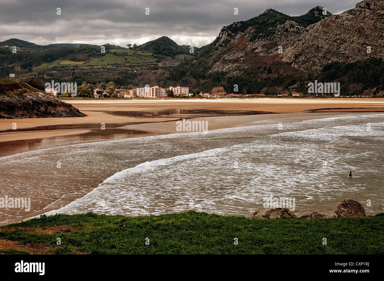 Aerial view of the beach of the Cantabrian town of Oriñon, Cantabria ...