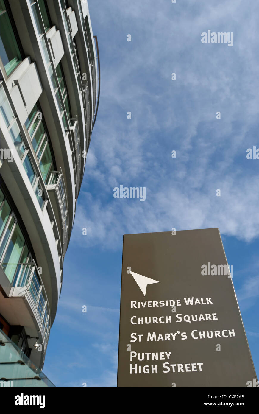 pillar sign giving local directions adjacent to putney wharf tower