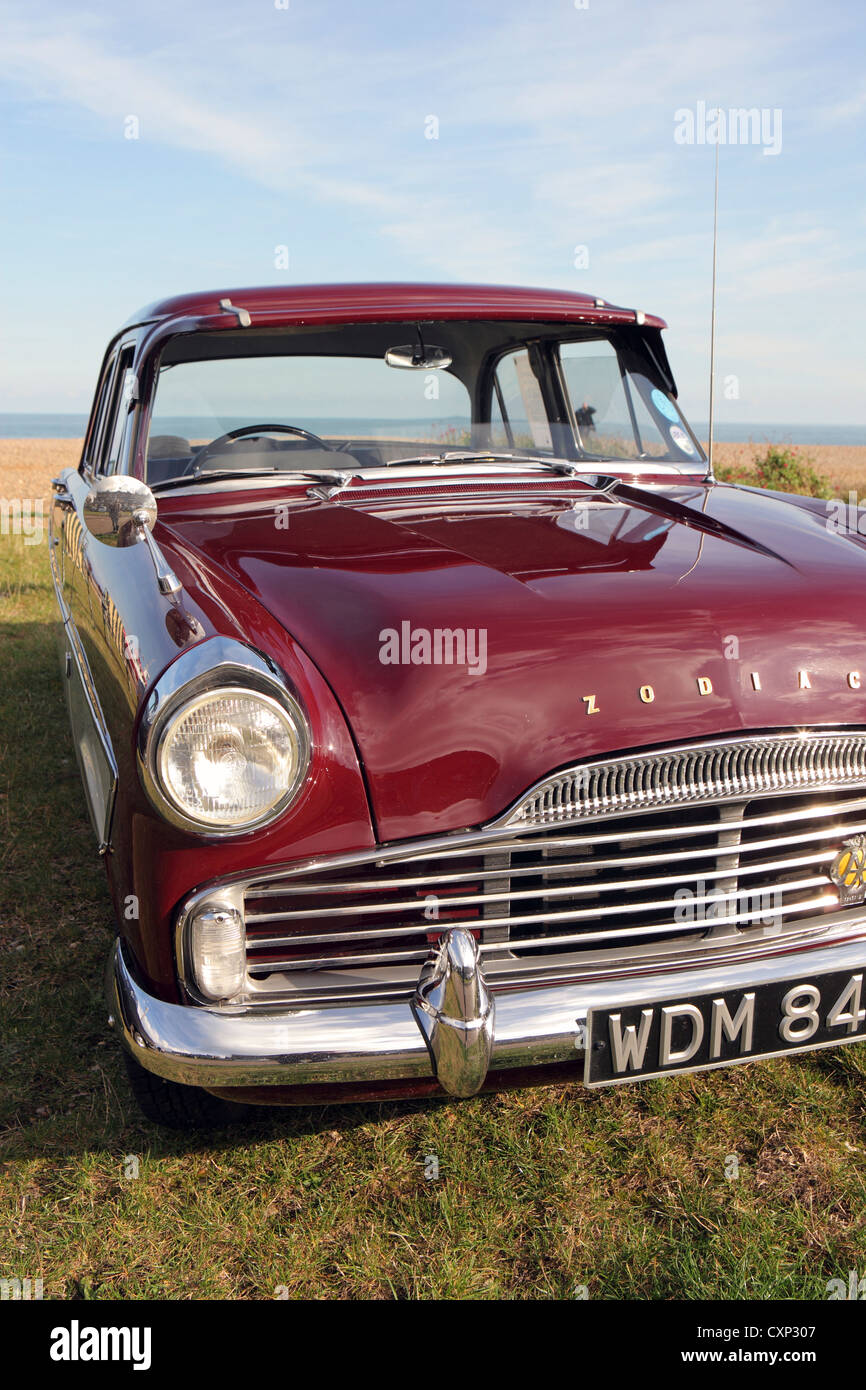 Front view of Maroon, Ford Zodiac, Classic saloon car, Suffolk Coast, Aldeburgh, UK Stock Photo