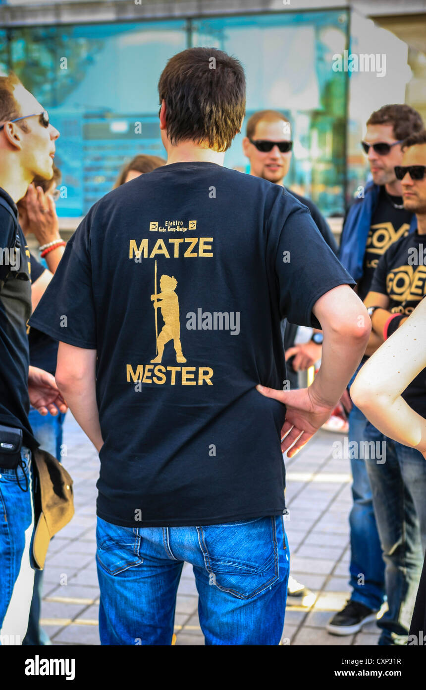 Group of guys in matching t-shirts at a stag party in London Stock Photo