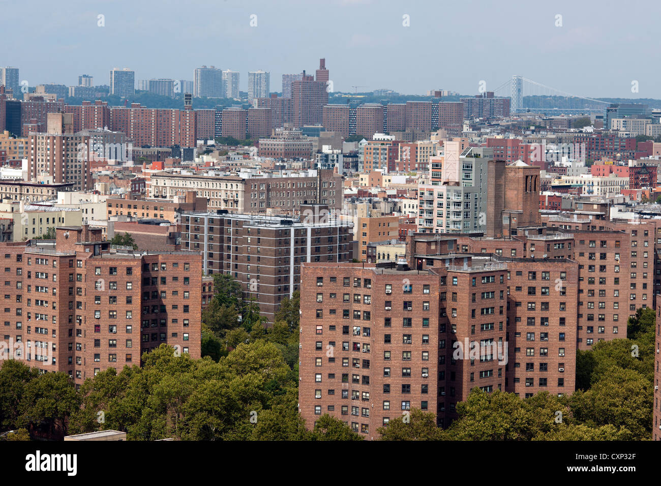Densely packed apartment buildings in the Harlem neighborhood in New