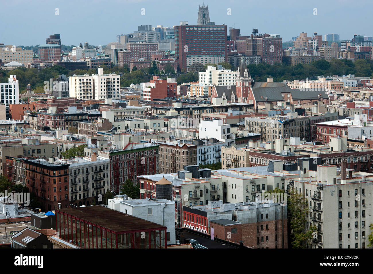 Densely packed apartment buildings in the Harlem neighborhood in New