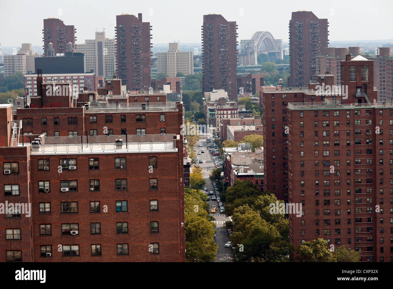 Densely packed apartment buildings in the Harlem neighborhood in New