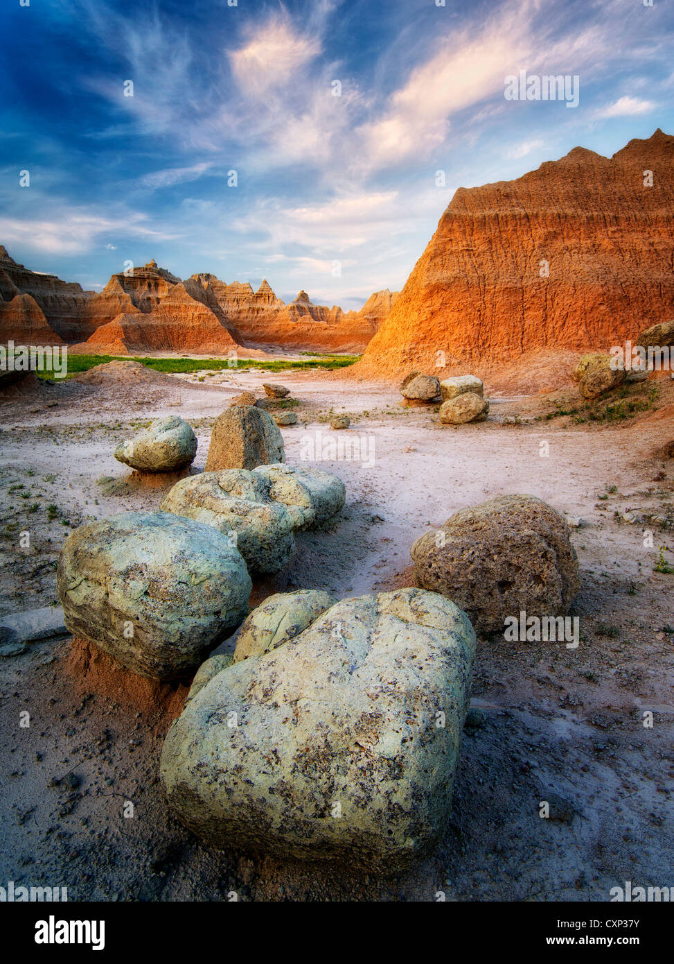 Large boulders and rock formations at sunrise. Badlands National Park, South Dakota. Stock Photo
