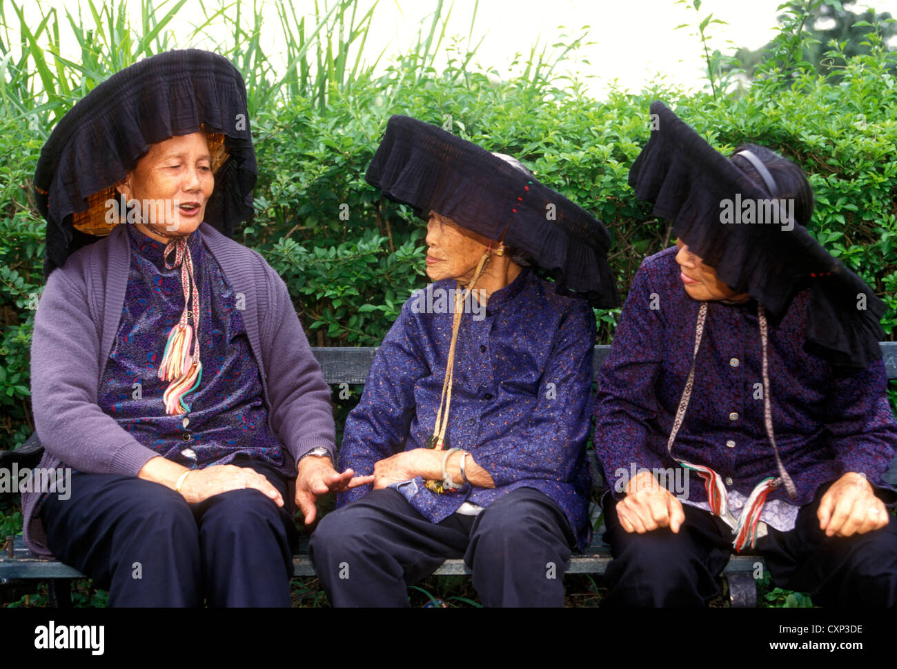 3, three, Chinese women, old women, elderly women, mature women, senior citizens, Kat Hing Wai walled village, New Territories, Hong Kong, China, Asia Stock Photo