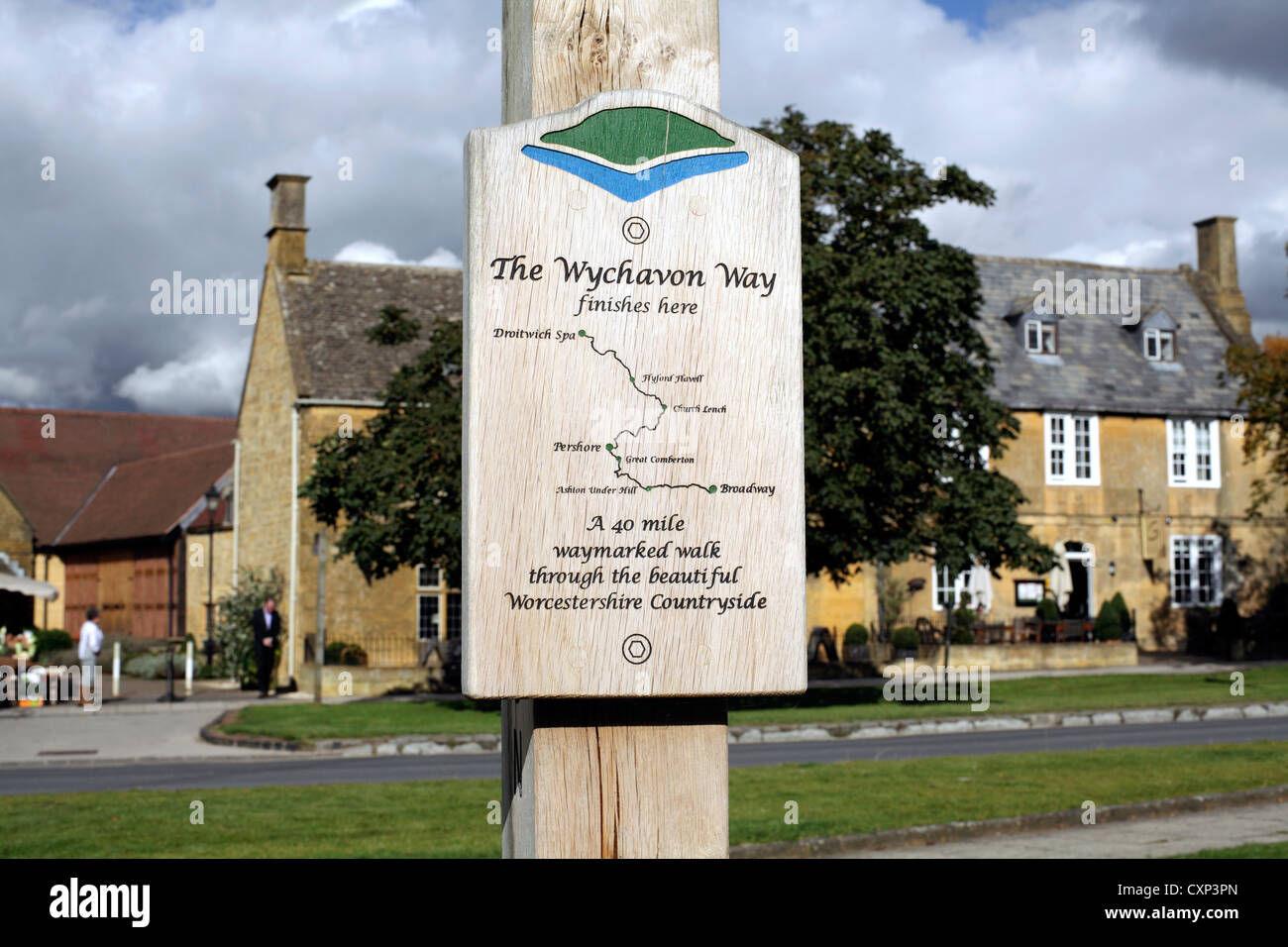 Diagram of the route of the Wychavon Way from Broadway to Droitwich on a sign post in Broadway, Gloucestershire. Stock Photo