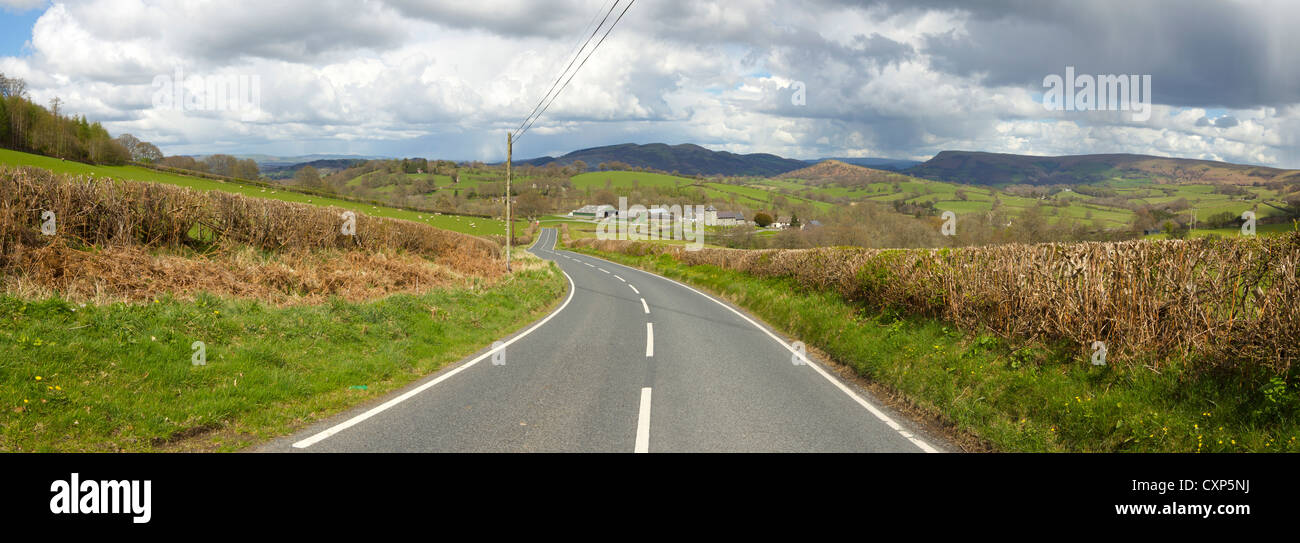 Panorama B4250 road to the village of Llanddewi'r Cwm, near Builth Wells, Powys Wales. Stock Photo