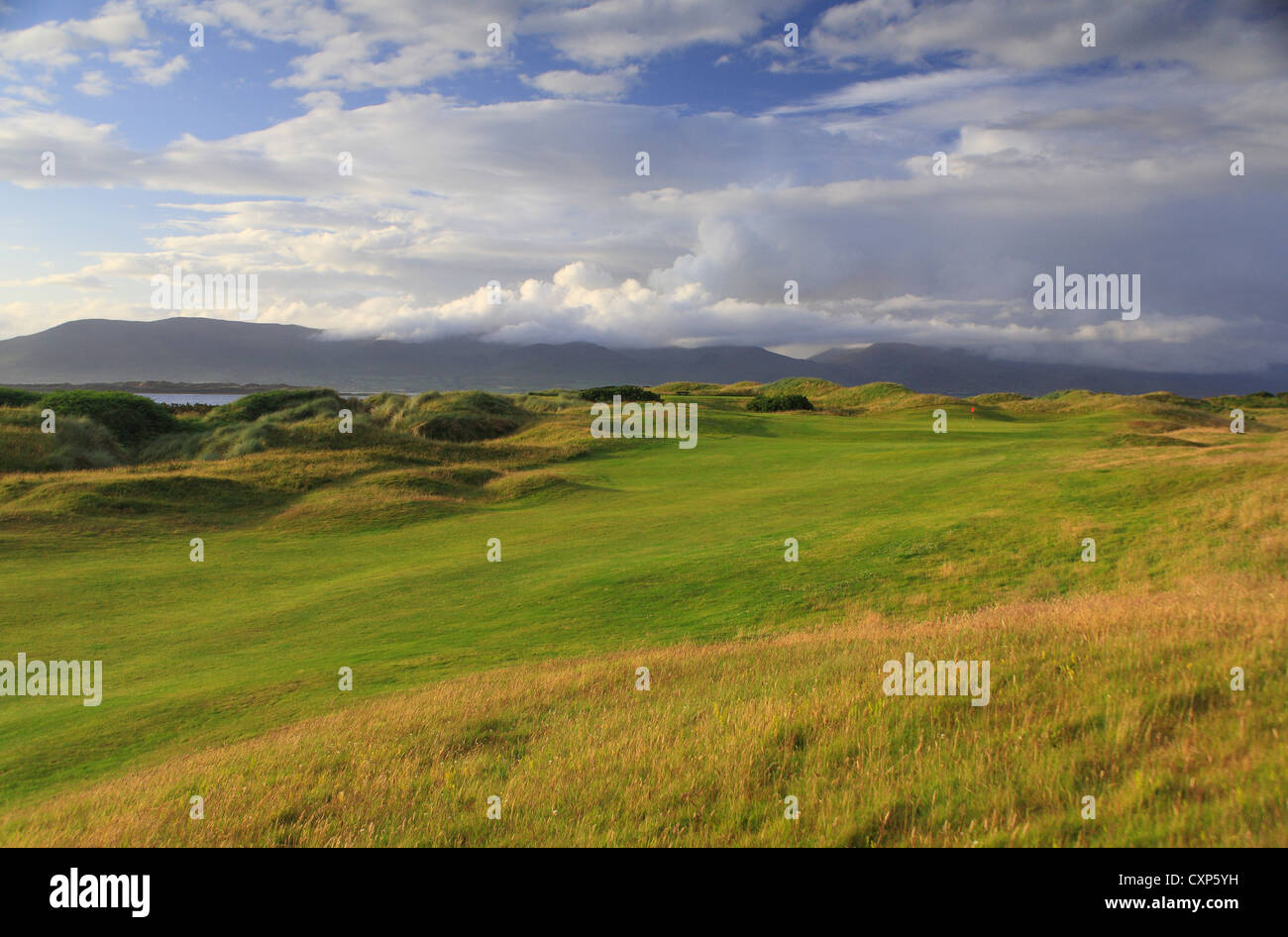 Dooks golf course in Kerry, Ireland. Links course with blue sky and white clouds. Stock Photo