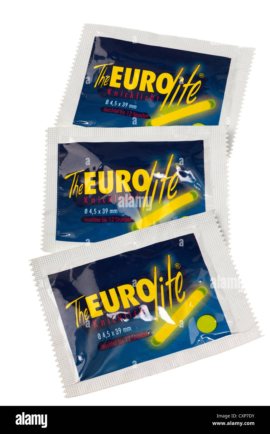 Three sealed packets of The Eurolite chemical glow sticks for angling Stock Photo