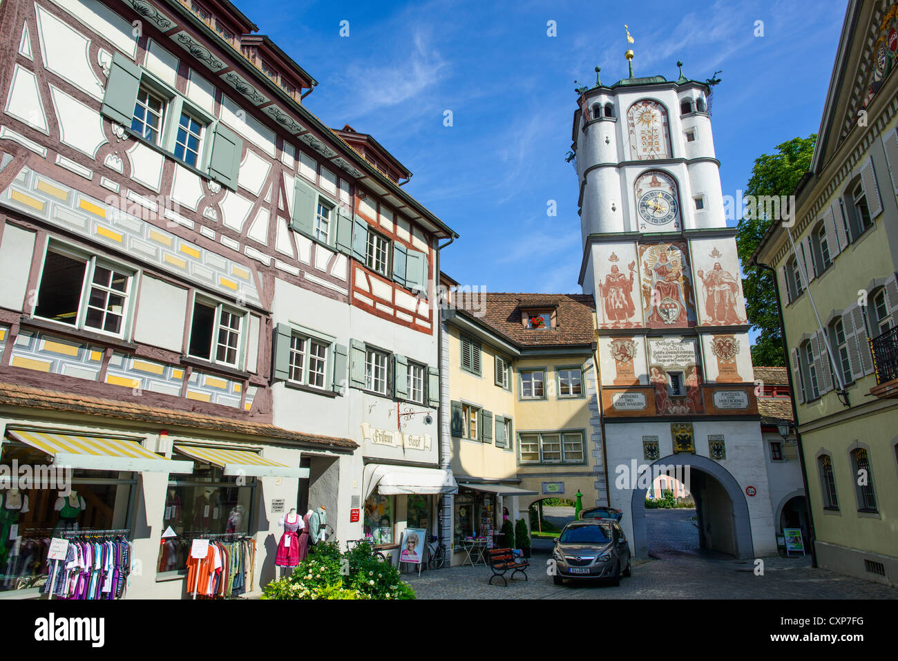 Old Town center of Wangen with Tower and Archway, Allgau, Baden-Wurttemberg, Germany Stock Photo