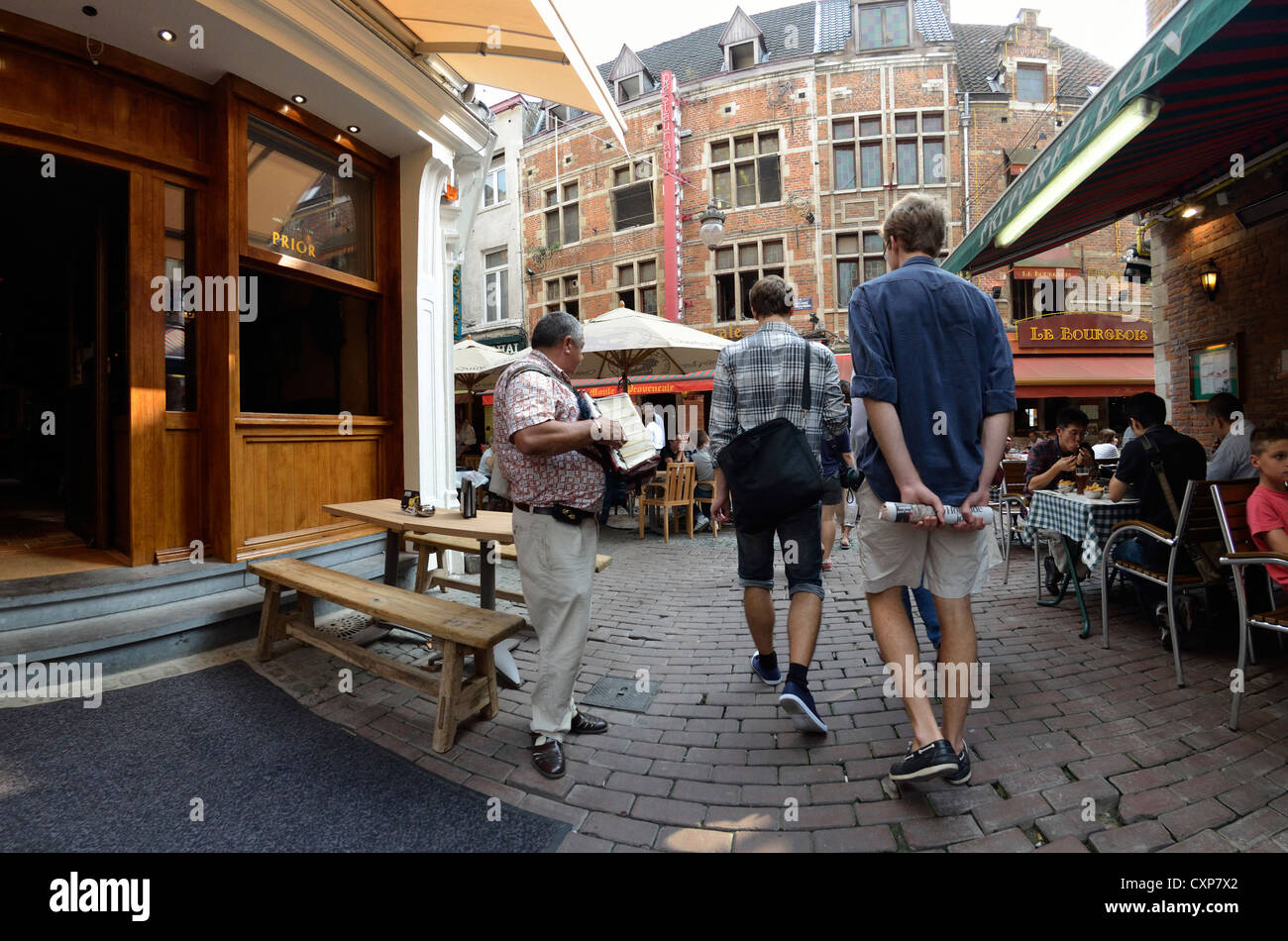 Brussels, Belgium. Accordionist in Rue des Bouchers / restaurants Stock Photo