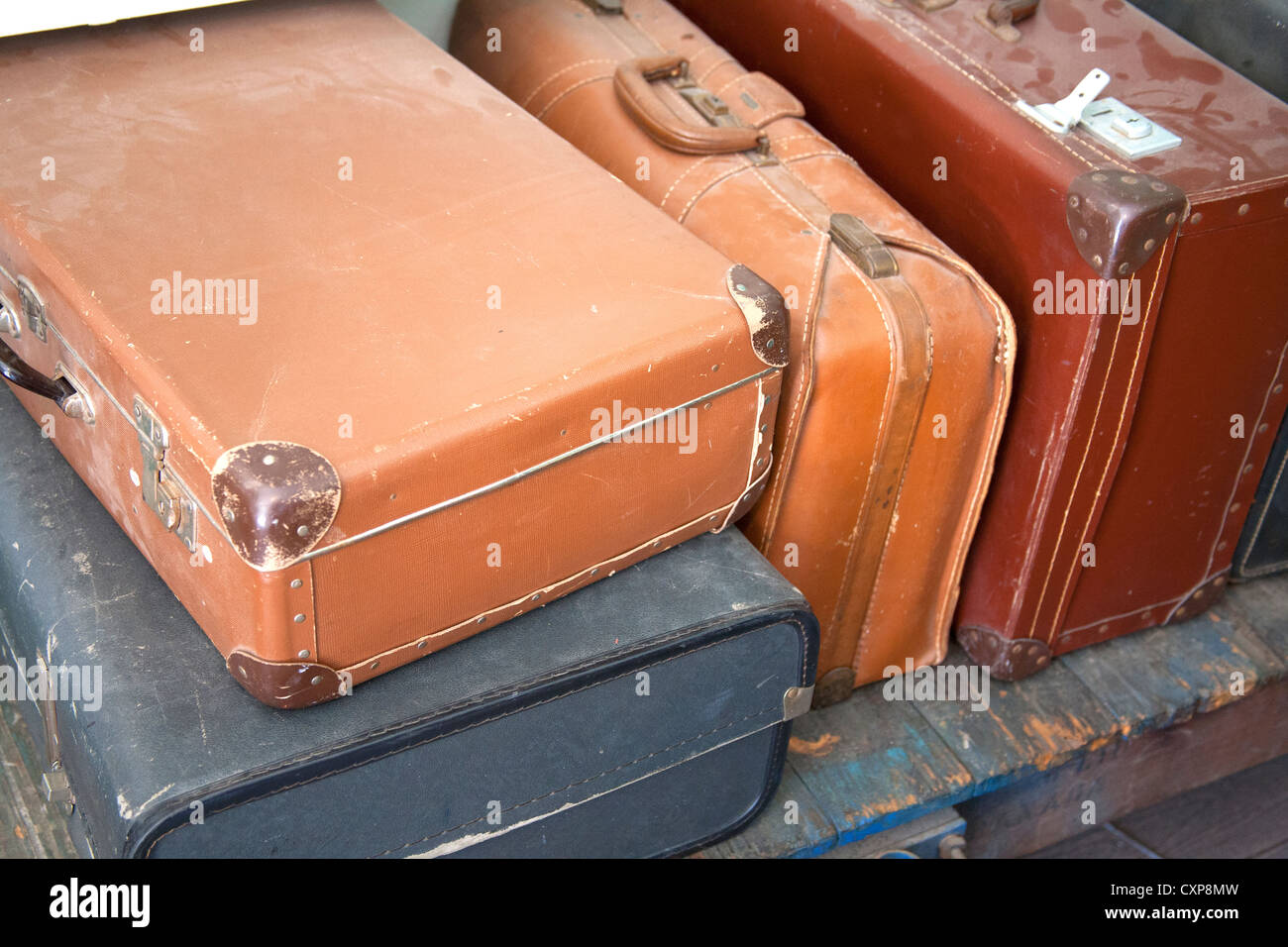 Old Suitcases in railway station Stock Photo Alamy