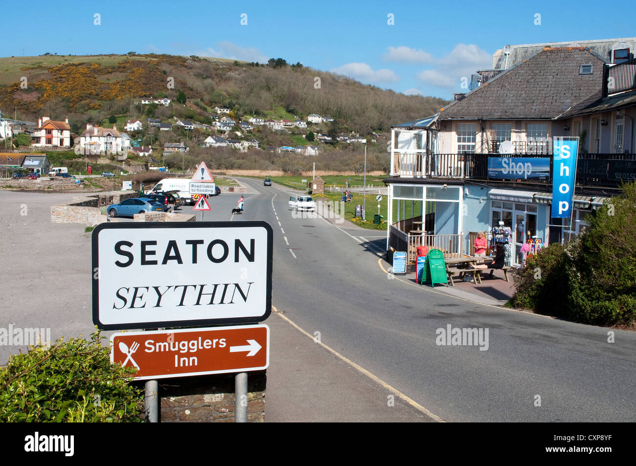 The main road through the village of Seaton in Cornwall, UK Stock Photo