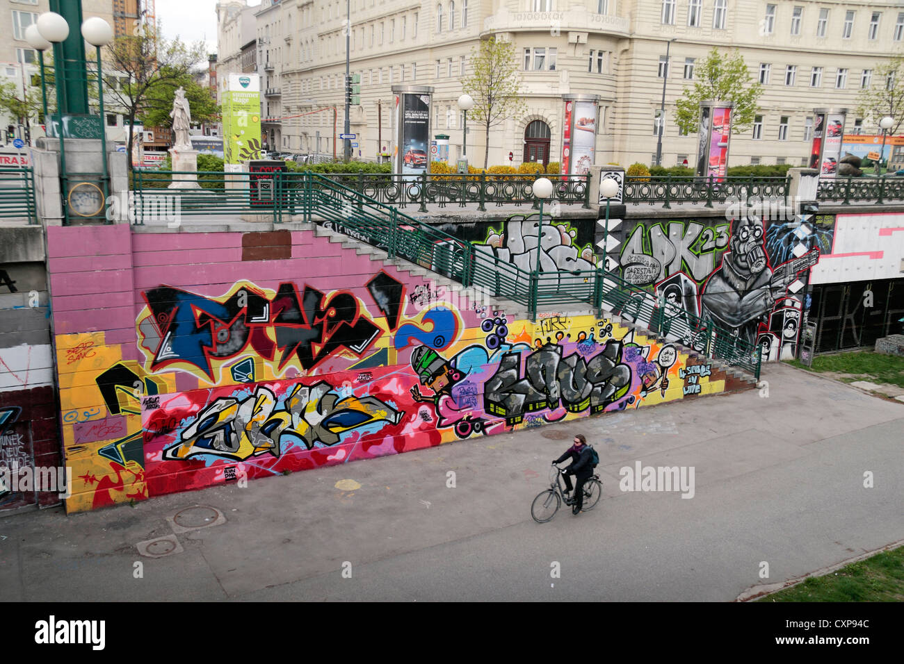 Artful graffiti beside the Augarten bridge (Augartenbrücke), over the Danube Canal, Vienna, Austria. Stock Photo