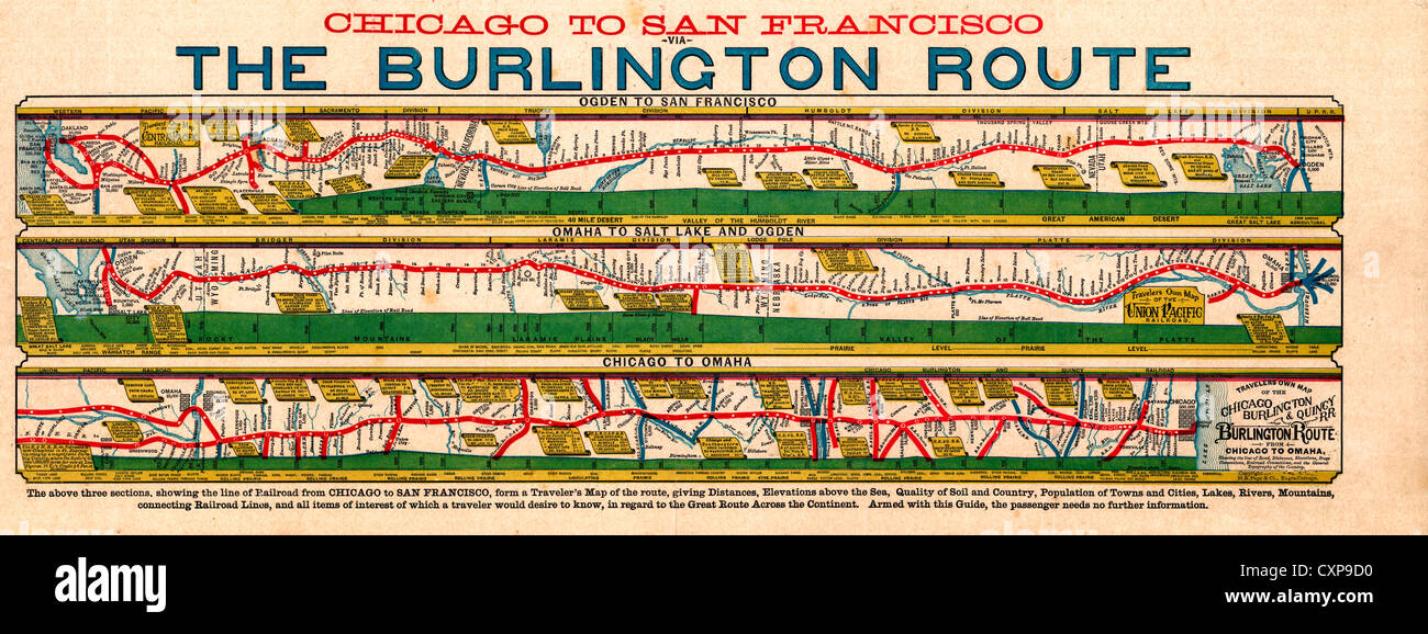Map of Chicago to San Franciso via the Burlington Route, circa 1879 Stock Photo