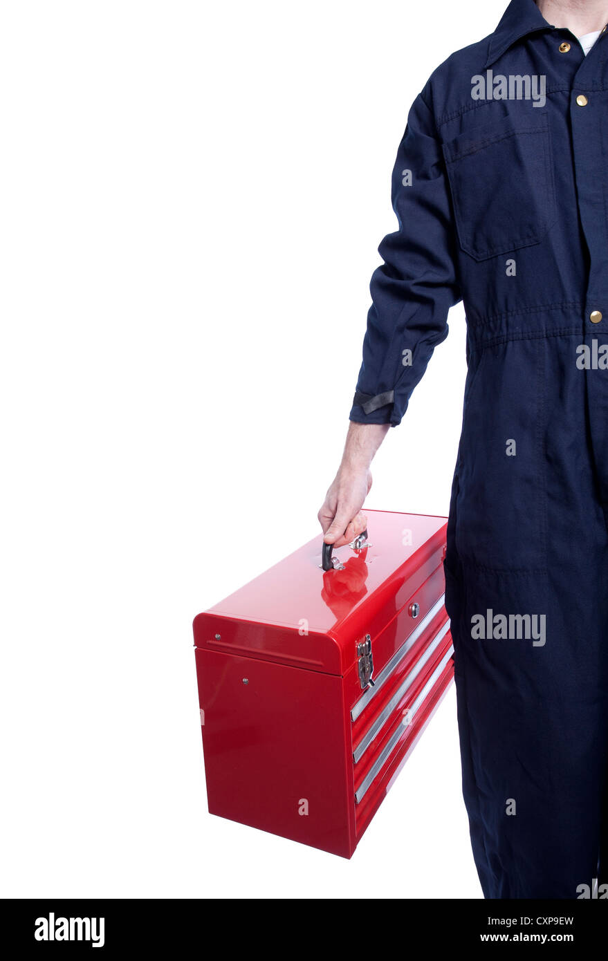 close up of a handyman in blue coveralls with a bright red toolbox Stock Photo