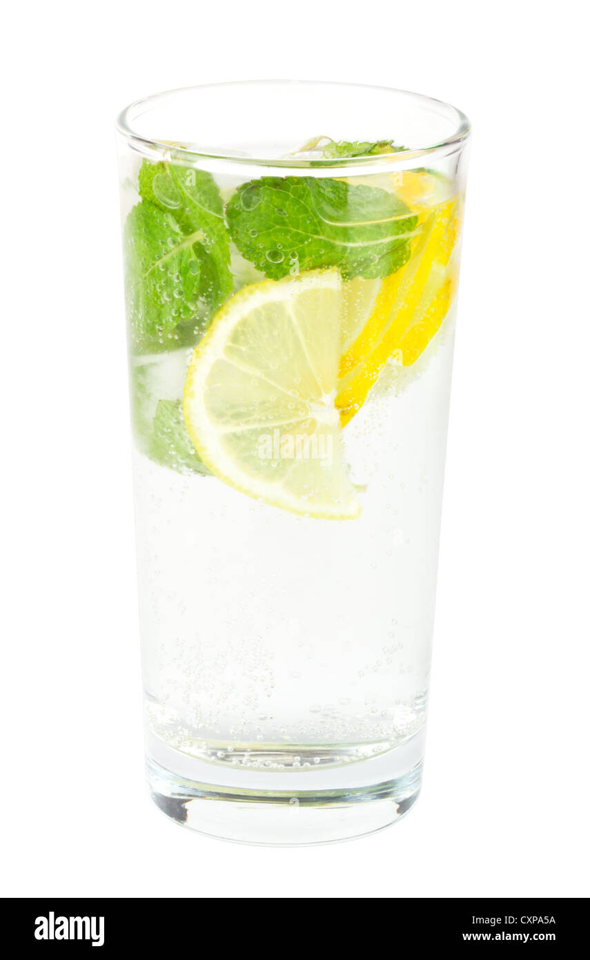 Healthy club soda with lemon and mint isolated on whiite Stock Photo
