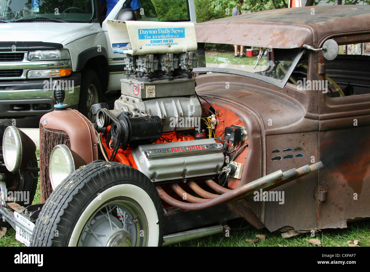 Rat Rod with a newspaper box as an air scoop. Dayton Daily News is the newspaper name. Stock Photo