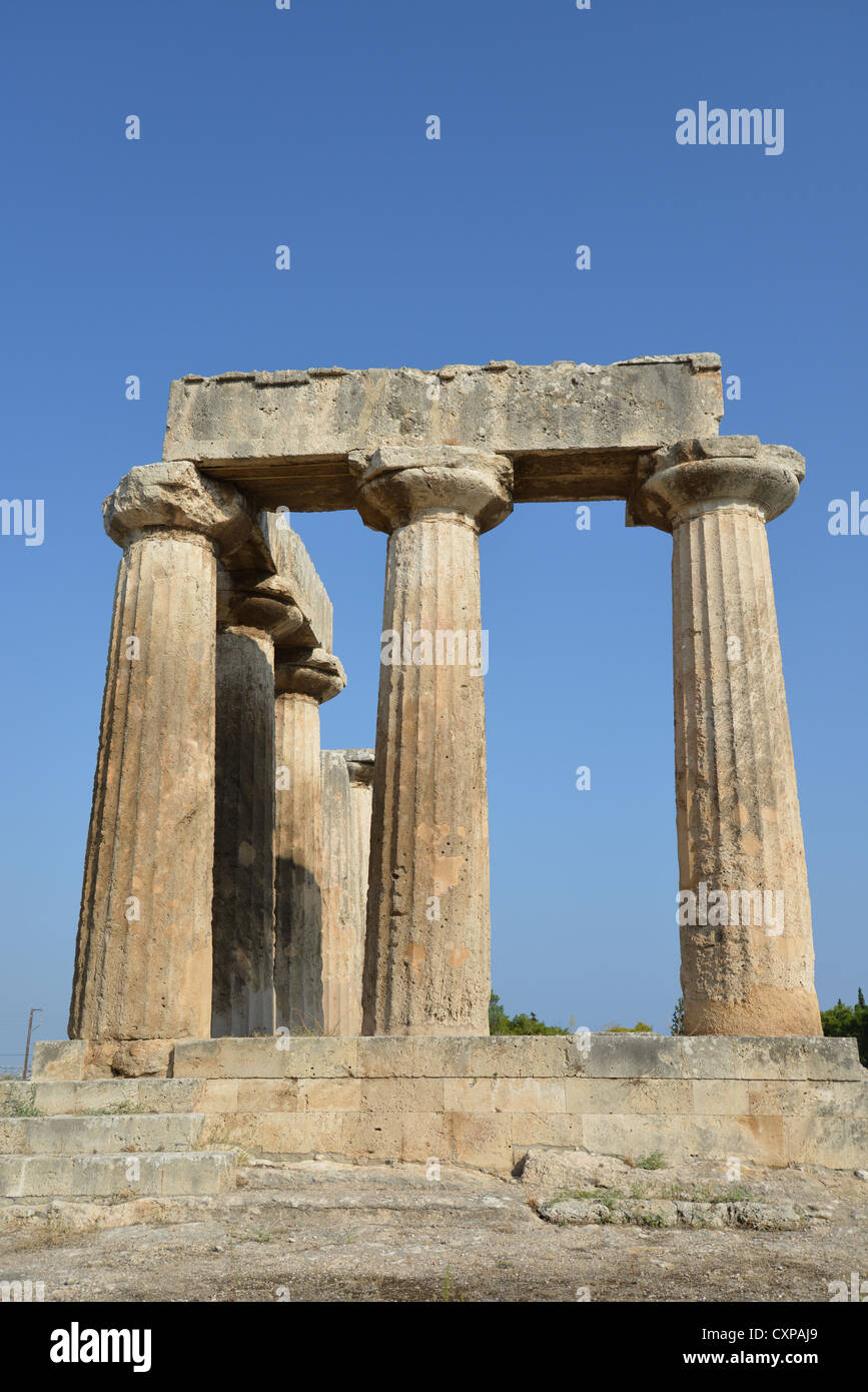 6th century BC Temple of Apollo, Ancient Corinth, Corinth Municipality, Peloponnese region, Greece Stock Photo