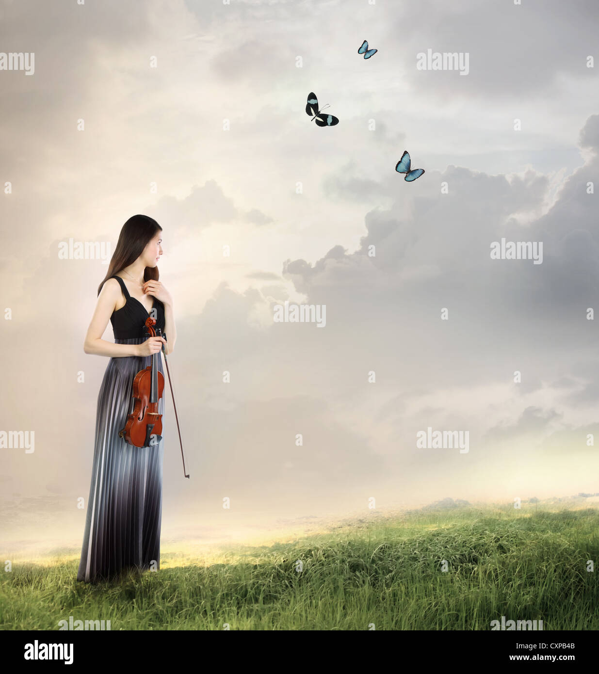 Violin Player on a Mountain Top (with butterflies) Stock Photo