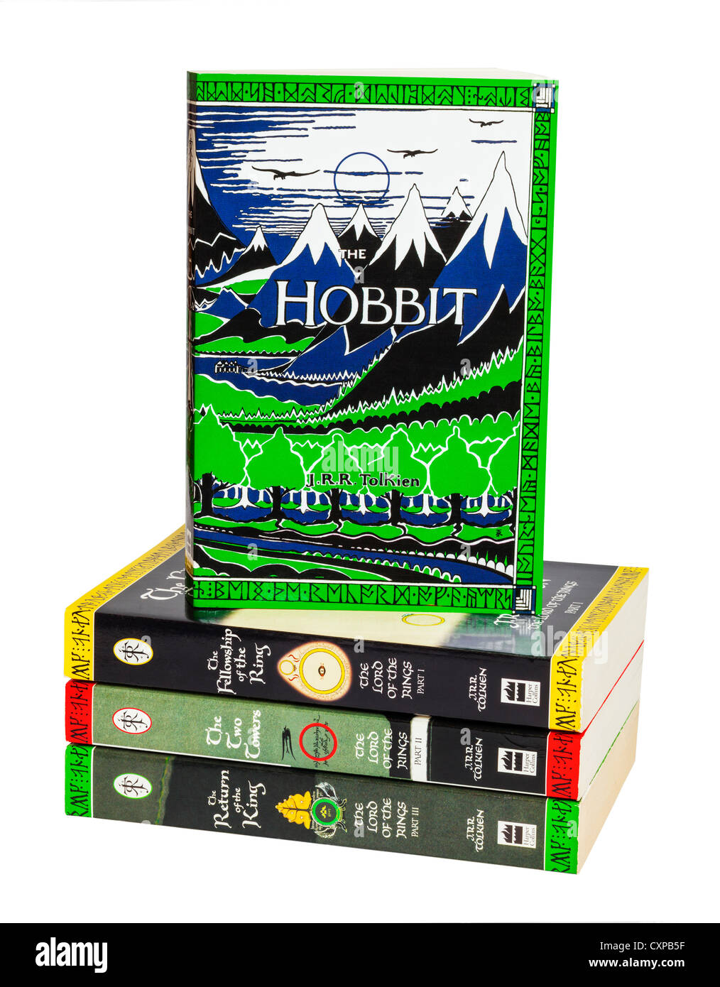 Paperback books The Hobbit and The Lord of the Rings trilogy, isolated on white, with clipping path. Focus stack, in focus front Stock Photo