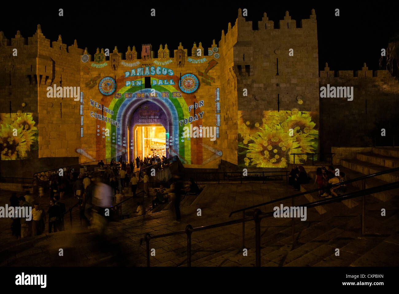 Jerusalem, Israel. Ocobu's 'Damascus gate pinball' light art at the old city, Festival of light 2012 Stock Photo