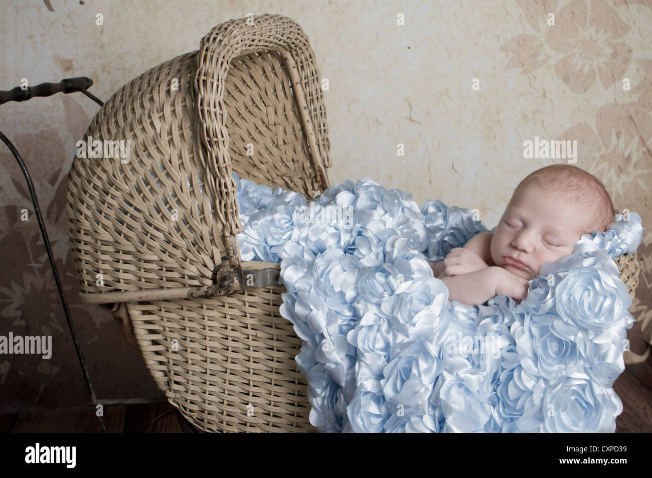 Newborn boy in vintage carriage Stock Photo
