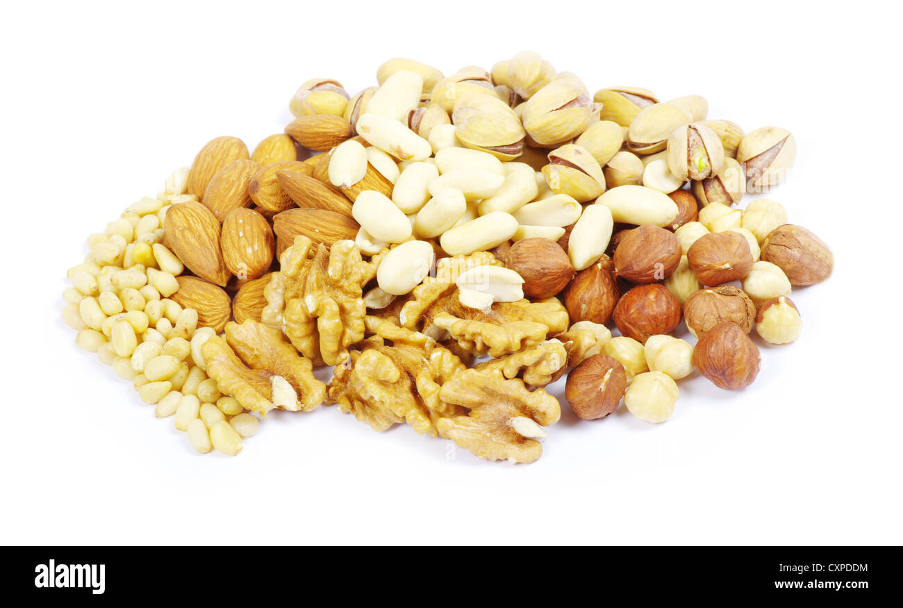Assorted mixed nuts on white background Stock Photo