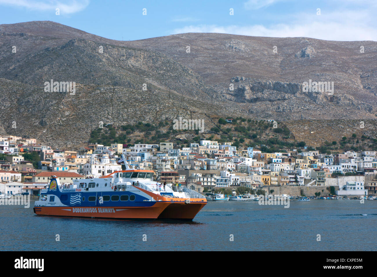 Inter-island ferry arriving in Pothia, Kalymnos, Greek Island, Dodecanese, Greece Stock Photo