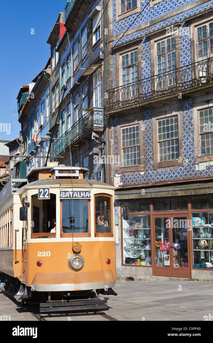 A traditional tram in the historical centre of of Porto, Portugal Stock Photo