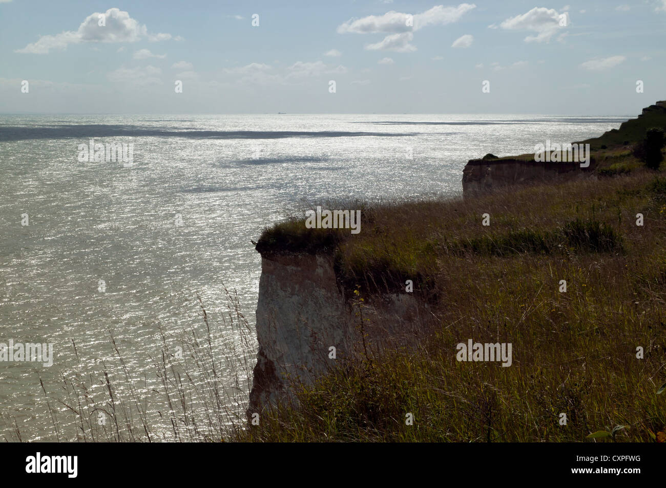 Walking on the clifftop section of the Saxon Shore Way between Kingsdown and St Margrets Bay, Kent Stock Photo