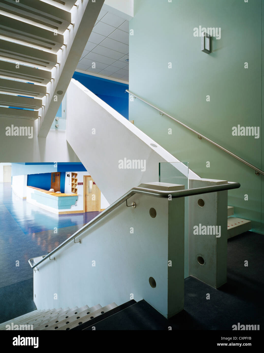 Galway-Mayo Institute of Technology, Galway, Ireland. Architect: Murray O'Laoire, 2003. View of stairs to social area showing re Stock Photo