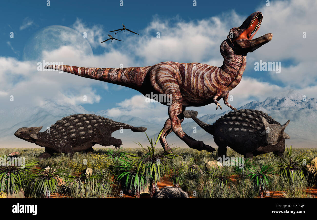 Defensive Attack, A Pair Of Ankylosaurus Herbivore Dinosaurs,Defend Themselves Against A T.Rex Attack. Stock Photo