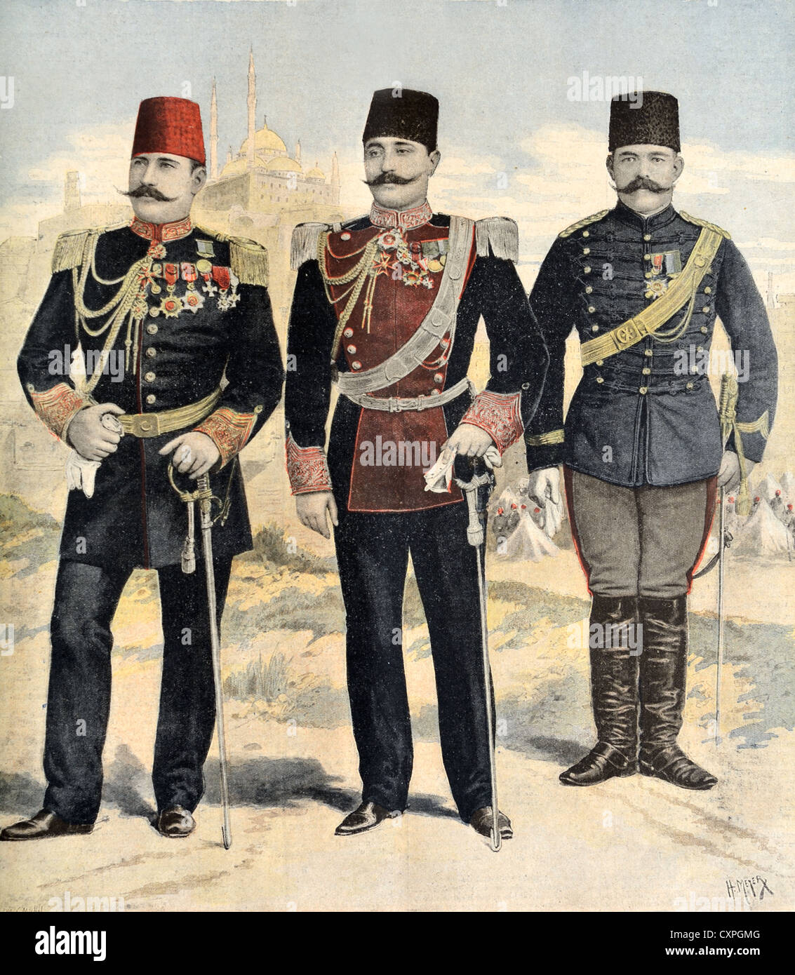 Ottoman Army Officers incl Young Turk Ahmed Riza Bey (centre). Vintage Illustration or Old Engraving Stock Photo