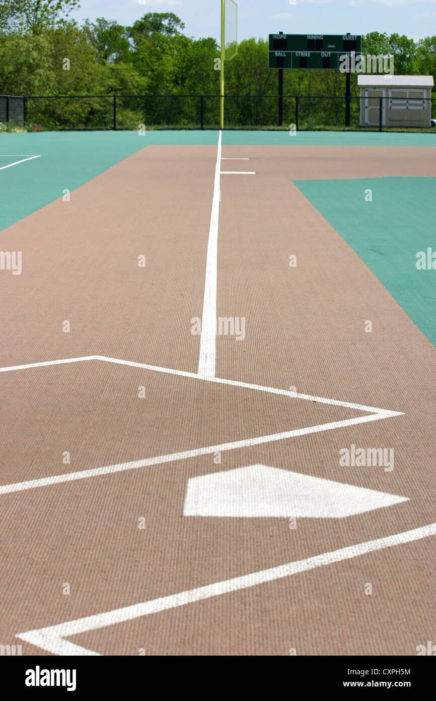Looking down a baseball field from home plate Stock Photo