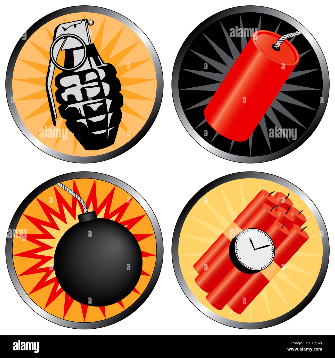 Icons that go BOOM! Including a grenade, bomb, time bomb and firecracker. Stock Photo
