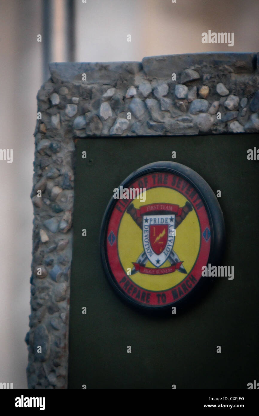 The 1st Battalion, 7th Marines, emblem sits outside their battalion headquarters, Sept. 29, 2012. The Marines were involved in more than 300 firefights and found approximately 300 improvised explosive devices during their deployment. Stock Photo