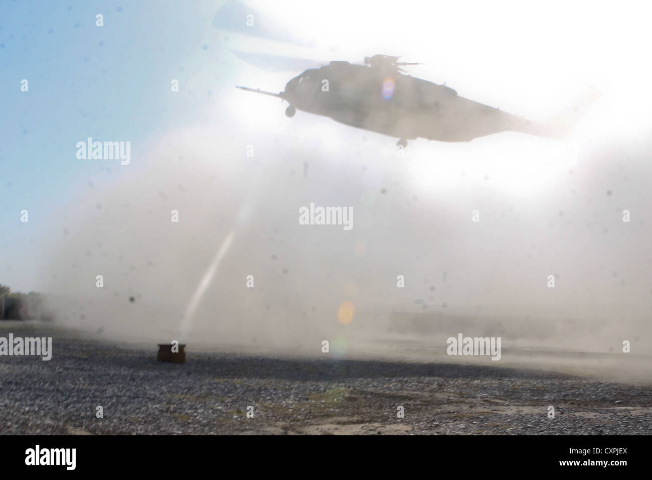 A CH-53 helicopter arrives to pick up the remaining Marines with 1st Battalion, 7th Marines, Regimental Combat Team 6, Oct. 1, 2012. The Marines with the battalion recently finished their seven-month deployment to Sangin, Afghanistan. Stock Photo