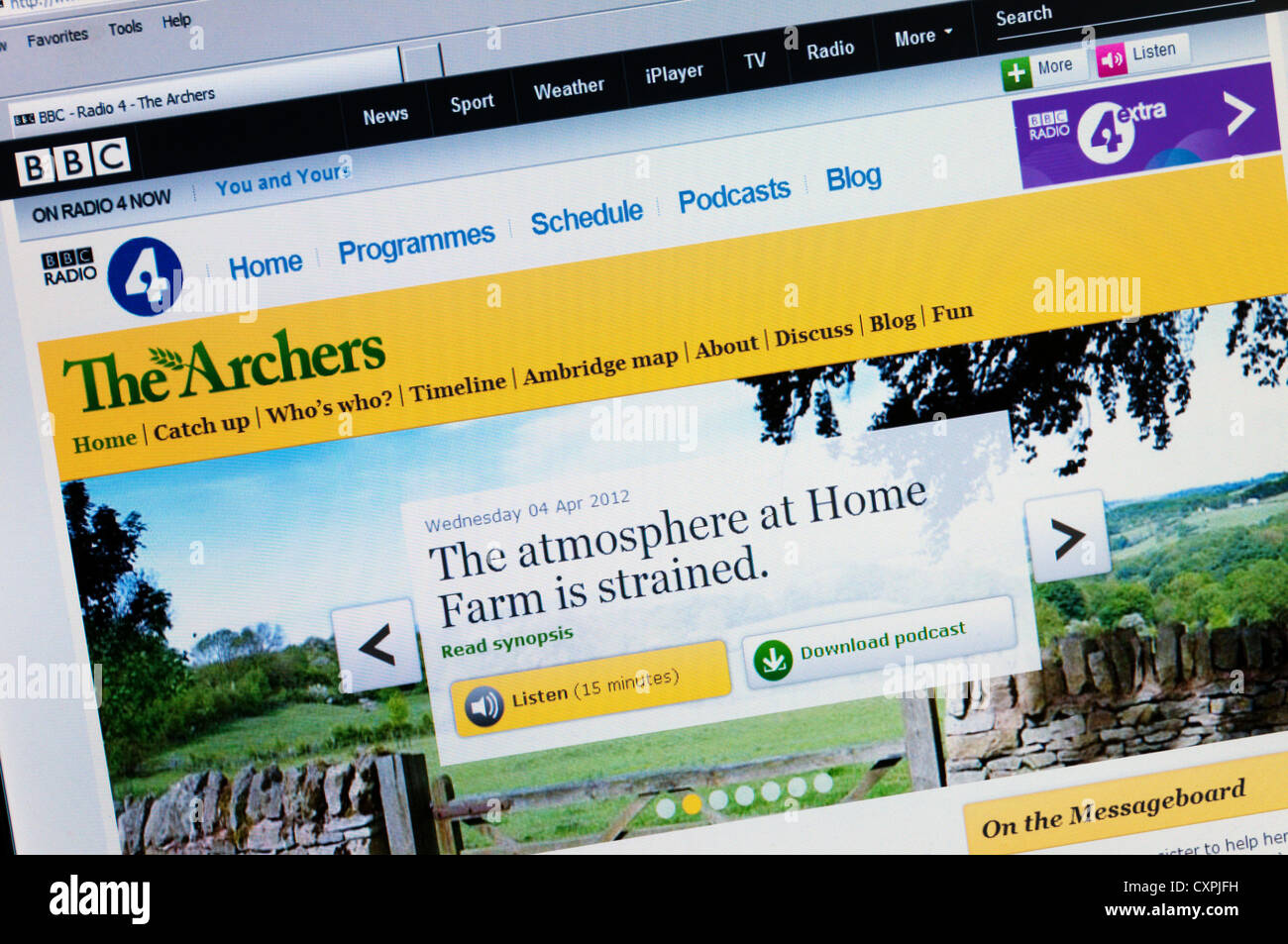 Web site of the BBC radio soap opera The Archers. Stock Photo