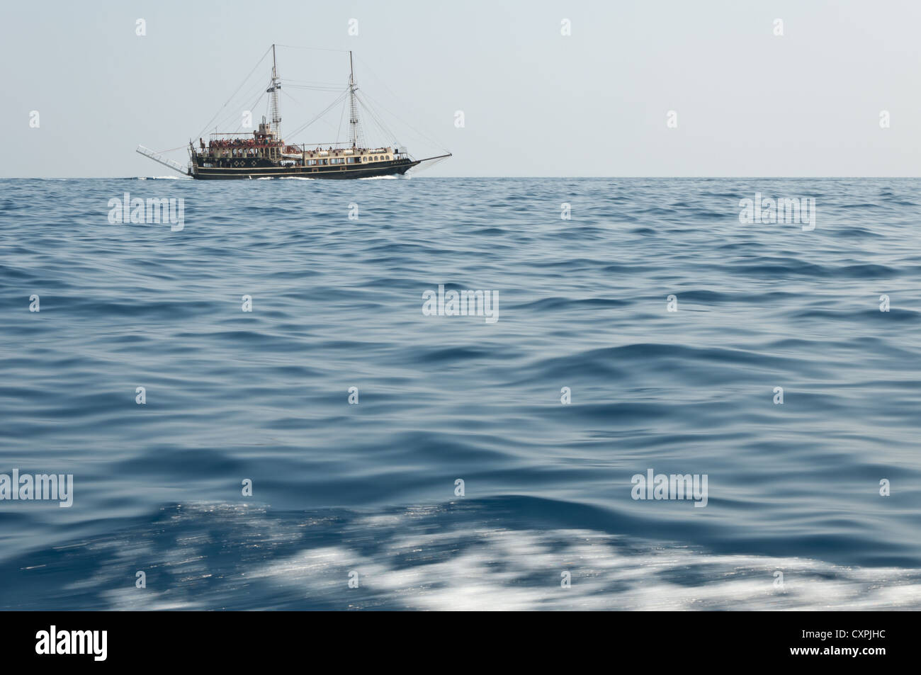 A pirate ship sailing in the Ionian Sea in Greece, Europe Stock Photo