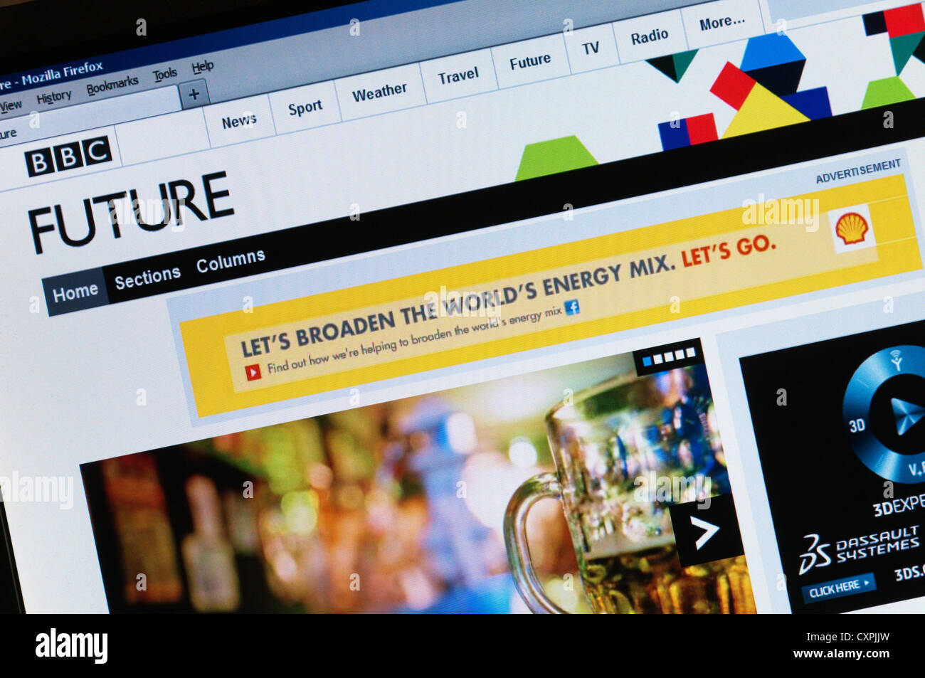 The BBC Future website which carries advertising . Stock Photo