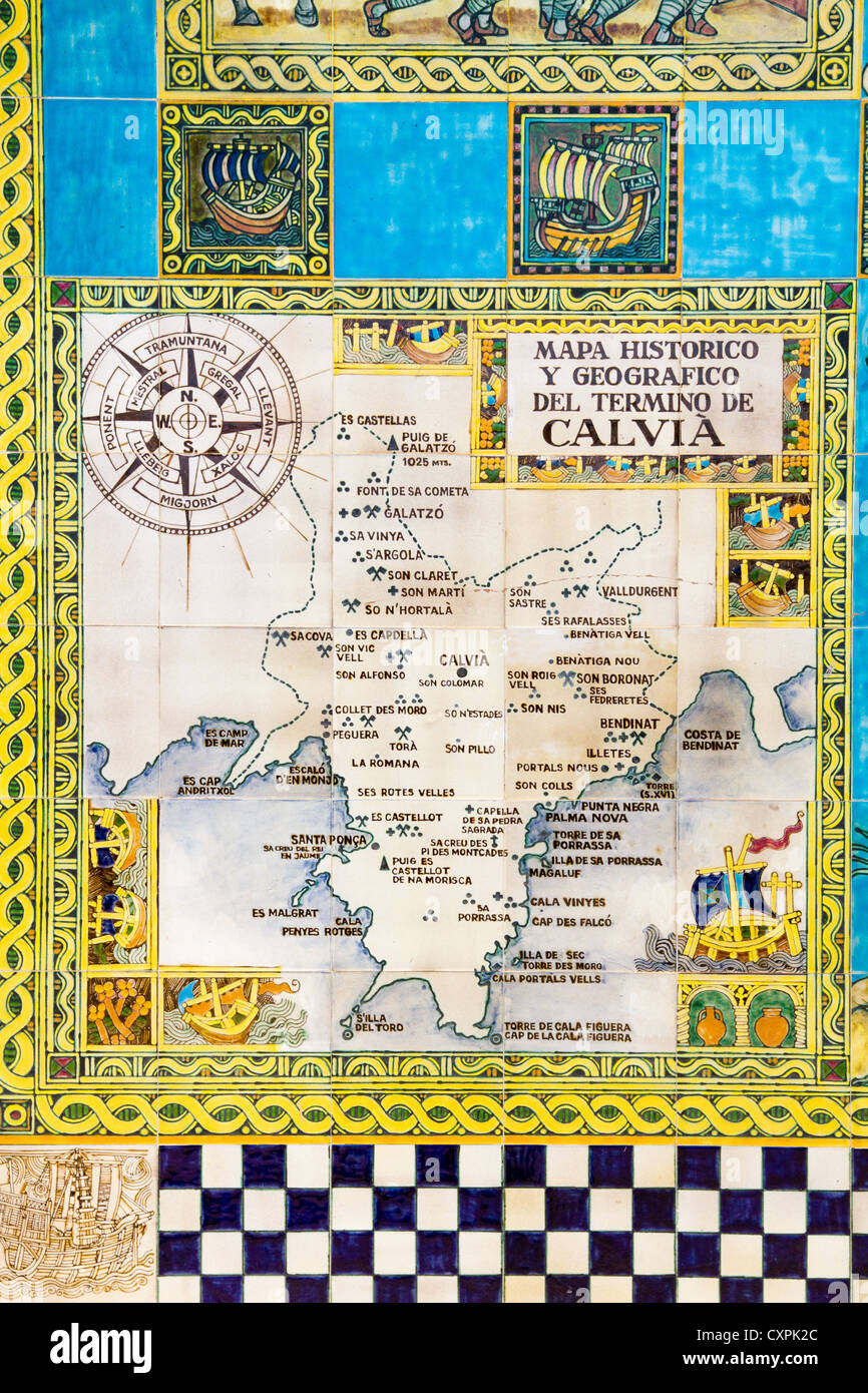 Calvià historic map on ceramic illustrated wall Mallorca Balearic Spain Stock Photo
