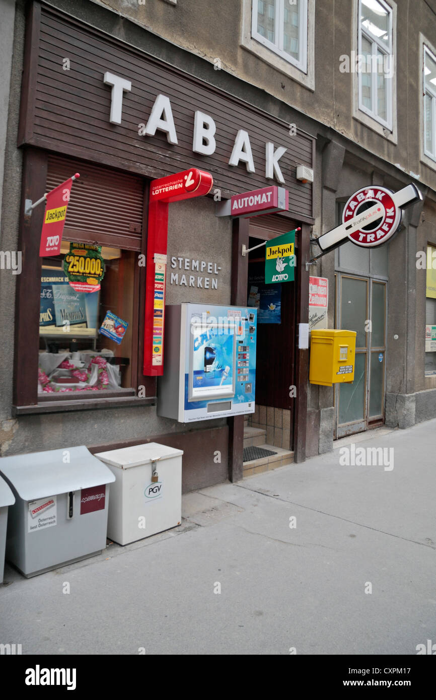 Exterior view of a typical Tabak (cigarettes, newsagents) shop in