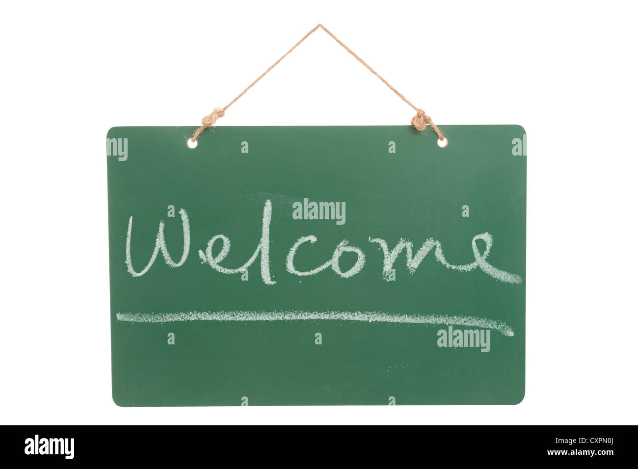 Welcome word on green board hanging on a rope Stock Photo