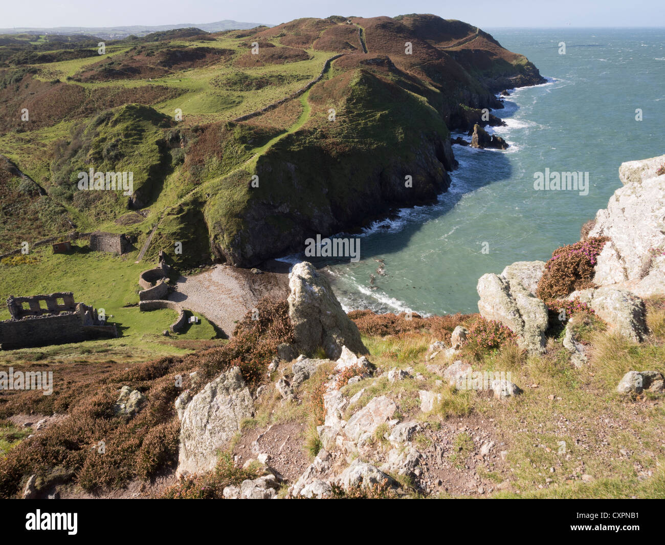 View of Isle of Anglesey Coastal Path and rugged coastline at Porth Llanlleiana Bay Cemaes Anglesey North Wales UK Britain Stock Photo